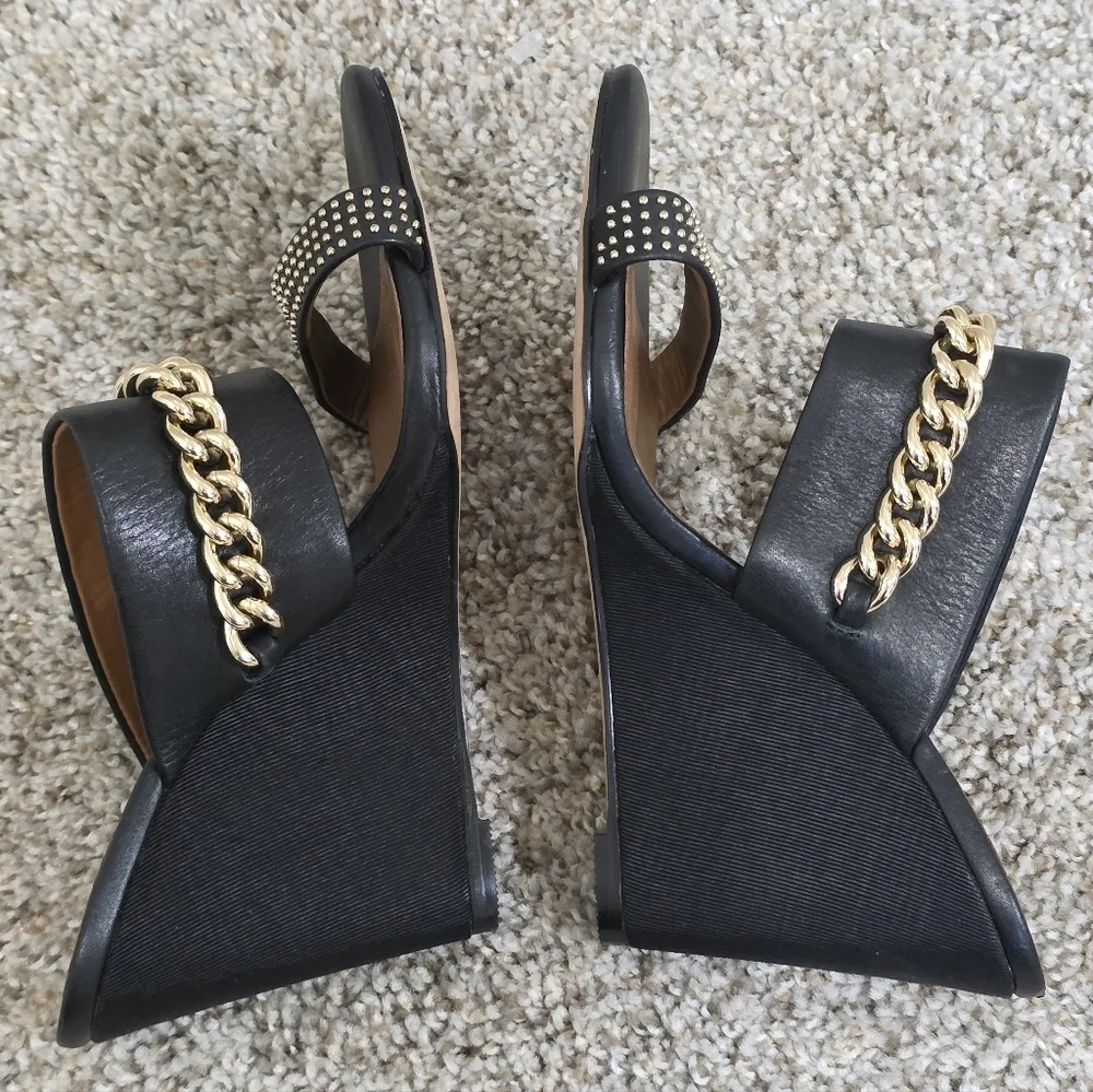 Kurt Geiger Gold Chain Embellished Black Wedge Heels Size 36.5 6US
